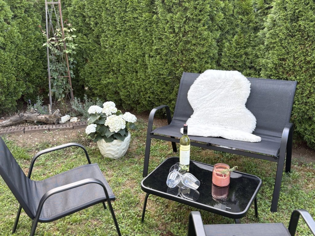 Gartenmöbel mit Pflanzen und Getränken